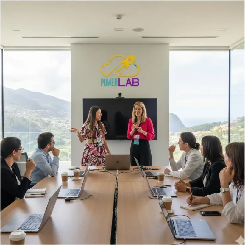 Formação PowerLAB numa sala com vista para a Madeira